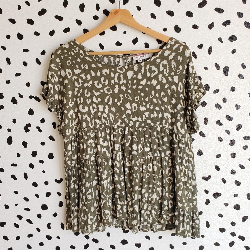 Tiered Peplum Olive Leopard Top